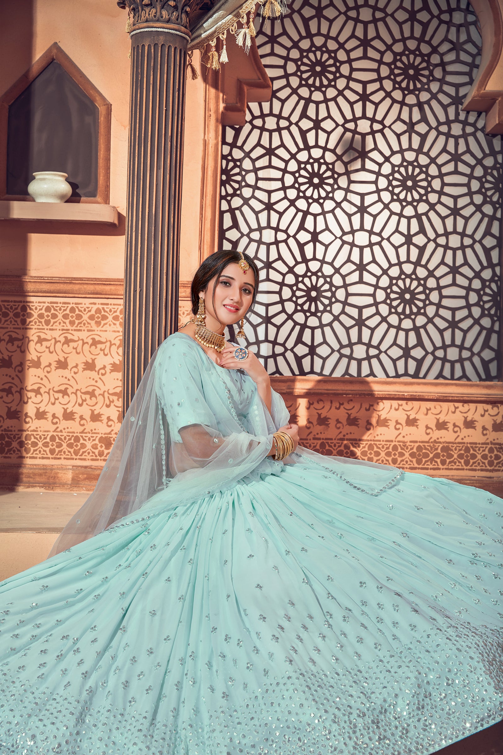 Sky Blue Lehenga With Georgette Fabric And Thread With Sequince Embroidered Work And Heavy Can-Can Lehenga For Wedding And Party Wear ClothsVilla