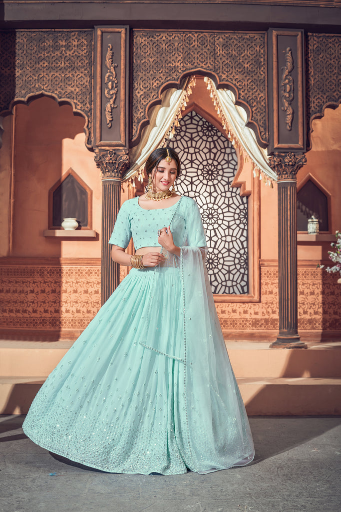 Sky Blue Lehenga With Georgette Fabric And Thread With Sequince Embroidered Work And Heavy Can-Can Lehenga For Wedding And Party Wear ClothsVilla