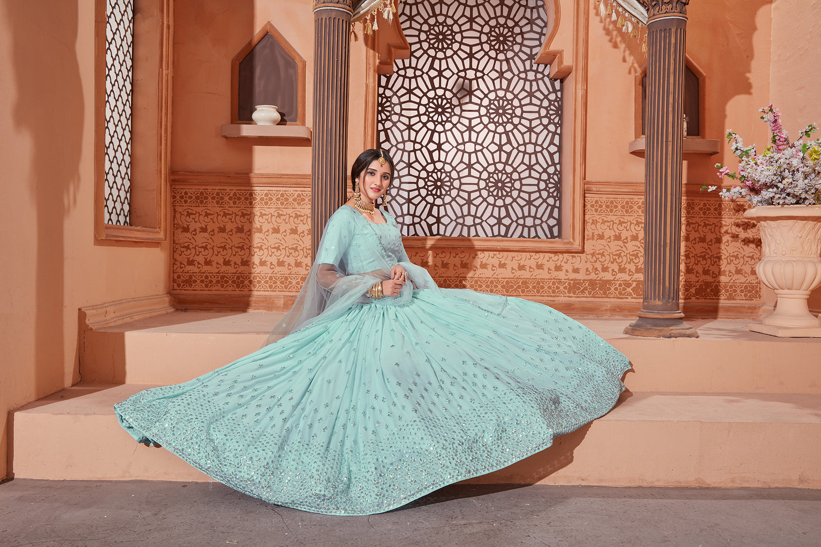 Sky Blue Lehenga With Georgette Fabric And Thread With Sequince Embroidered Work And Heavy Can-Can Lehenga For Wedding And Party Wear ClothsVilla