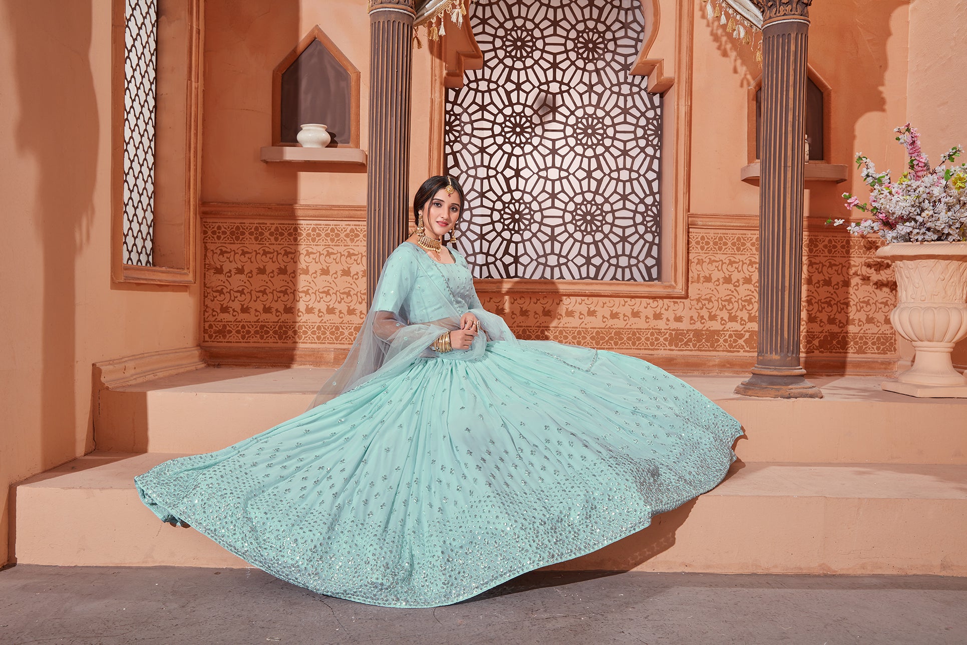Sky Blue Lehenga With Georgette Fabric And Thread With Sequince Embroidered Work And Heavy Can-Can Lehenga For Wedding And Party Wear ClothsVilla