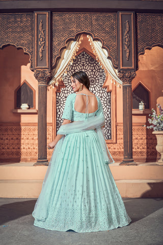 Sky Blue Lehenga With Georgette Fabric And Thread With Sequince Embroidered Work And Heavy Can-Can Lehenga For Wedding And Party Wear ClothsVilla