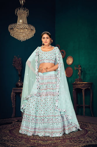 Sky Blue Multi-Thread With Gota Patti Embroidered Georgette Wedding & Party Lehenga ClothsVilla