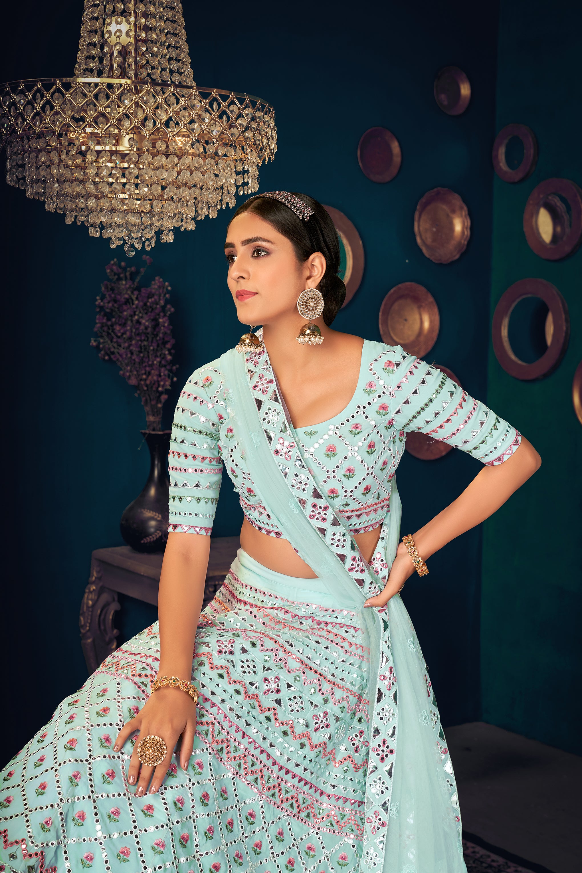 Sky Blue Multi-Thread With Gota Patti Embroidered Georgette Wedding & Party Lehenga ClothsVilla