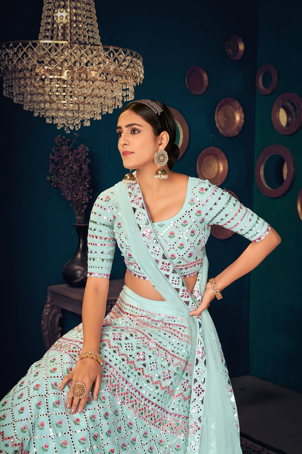 Sky Blue Multi-Thread With Gota Patti Embroidered Georgette Wedding & Party Lehenga ClothsVilla