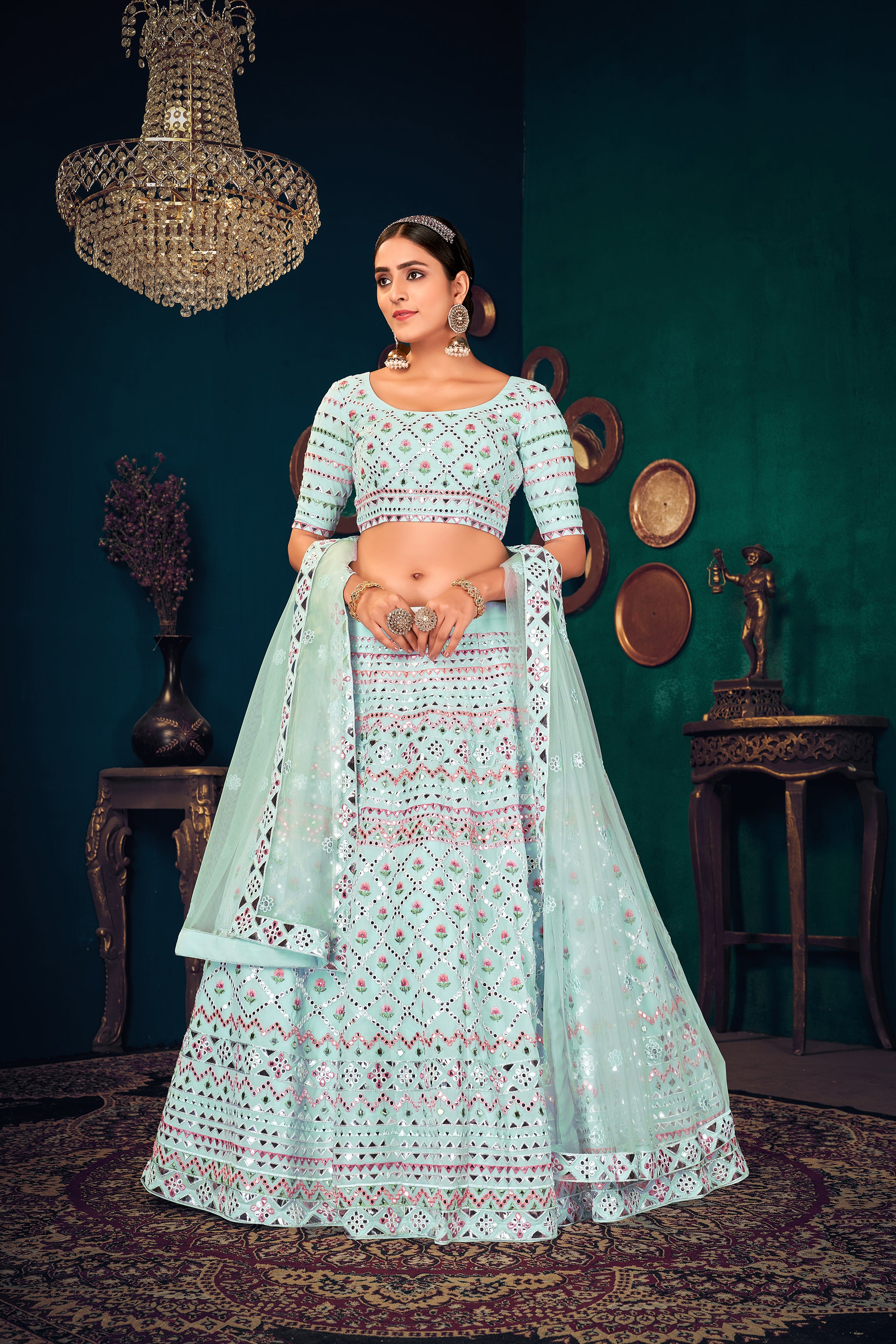 Sky Blue Multi-Thread With Gota Patti Embroidered Georgette Wedding & Party Lehenga ClothsVilla