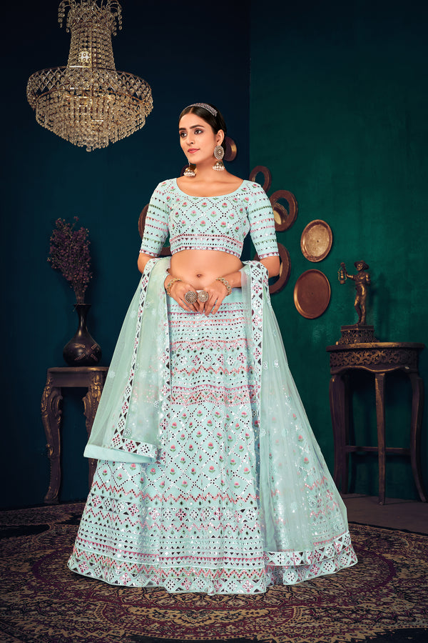 Sky Blue Multi-Thread With Gota Patti Embroidered Georgette Wedding & Party Lehenga ClothsVilla