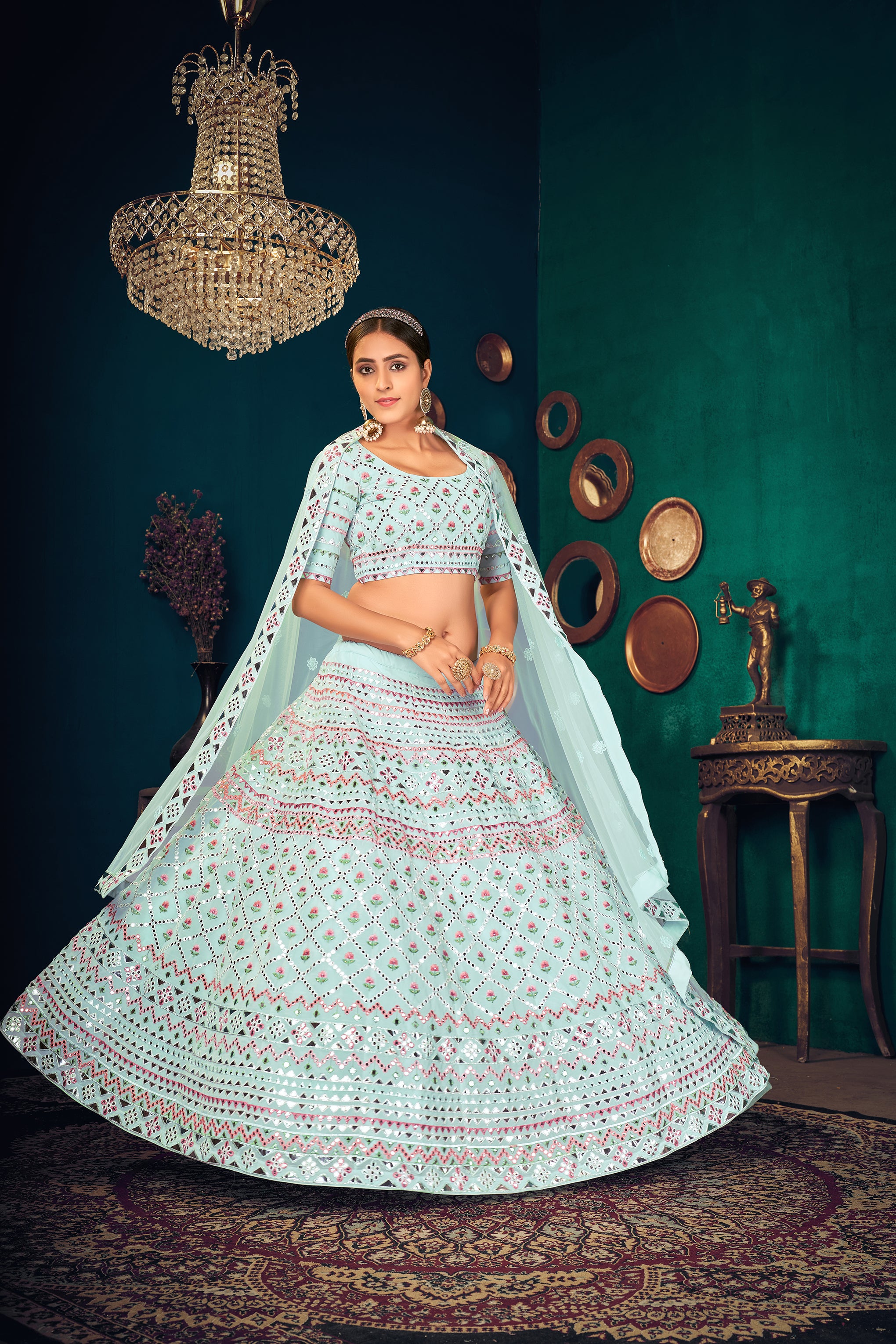 Sky Blue Multi-Thread With Gota Patti Embroidered Georgette Wedding & Party Lehenga ClothsVilla
