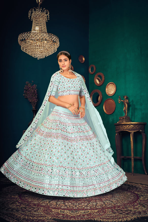 Sky Blue Multi-Thread With Gota Patti Embroidered Georgette Wedding & Party Lehenga ClothsVilla