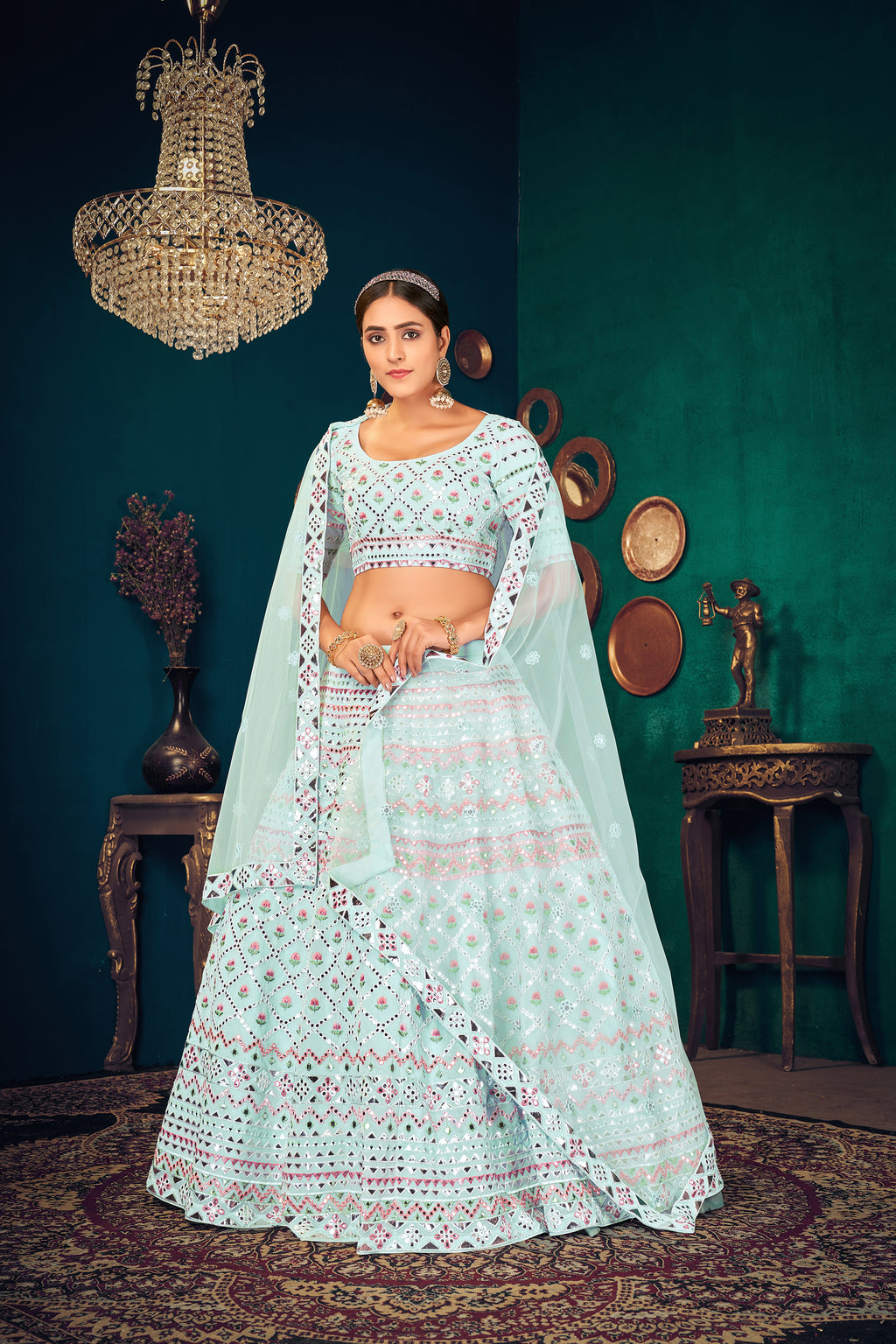 Sky Blue Multi-Thread With Gota Patti Embroidered Georgette Wedding & Party Lehenga ClothsVilla
