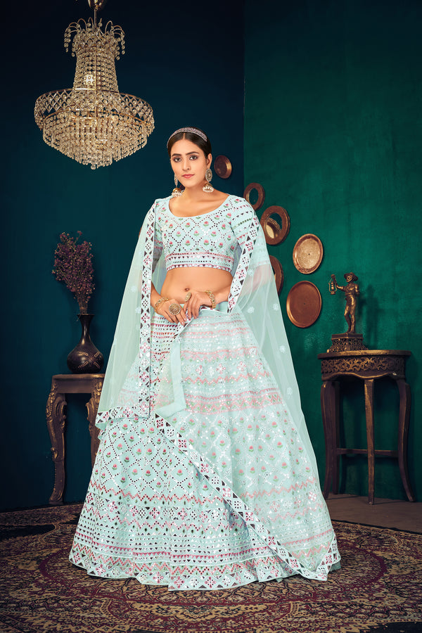 Sky Blue Multi-Thread With Gota Patti Embroidered Georgette Wedding & Party Lehenga ClothsVilla