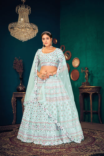 Sky Blue Multi-Thread With Gota Patti Embroidered Georgette Wedding & Party Lehenga ClothsVilla