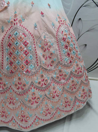 Sky Blue Peach Thread and Sequins Embroidered With Mirror Work Art Silk Festive & Party Wear Semi Stitched Lehenga ClothsVilla