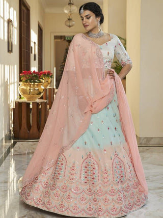 Sky Blue Peach Thread and Sequins Embroidered With Mirror Work Art Silk Festive & Party Wear Semi Stitched Lehenga ClothsVilla