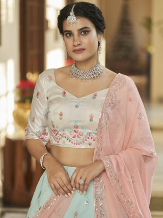 Sky Blue Peach Thread and Sequins Embroidered With Mirror Work Art Silk Festive & Party Wear Semi Stitched Lehenga ClothsVilla