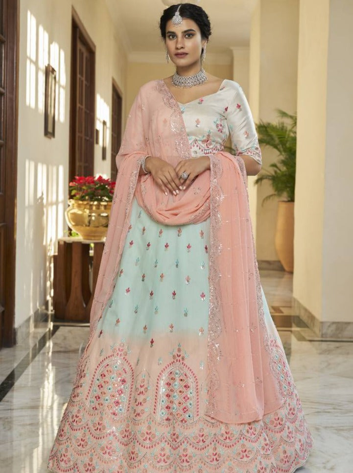Sky Blue Peach Thread and Sequins Embroidered With Mirror Work Art Silk Festive & Party Wear Semi Stitched Lehenga ClothsVilla
