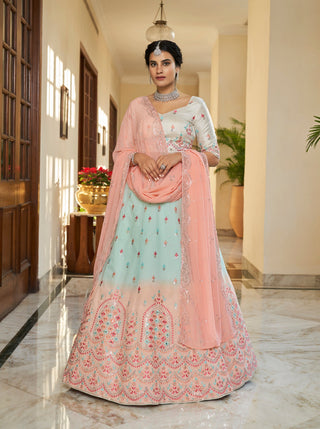 Sky Blue Peach Thread and Sequins Embroidered With Mirror Work Art Silk Festive & Party Wear Semi Stitched Lehenga ClothsVilla