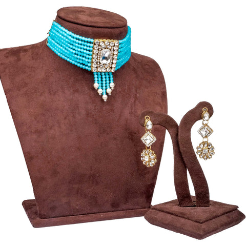 Sky Blue Pearl with Dimond Necklace Alloy Gold-plated Jewel Set ClothsVilla Main image