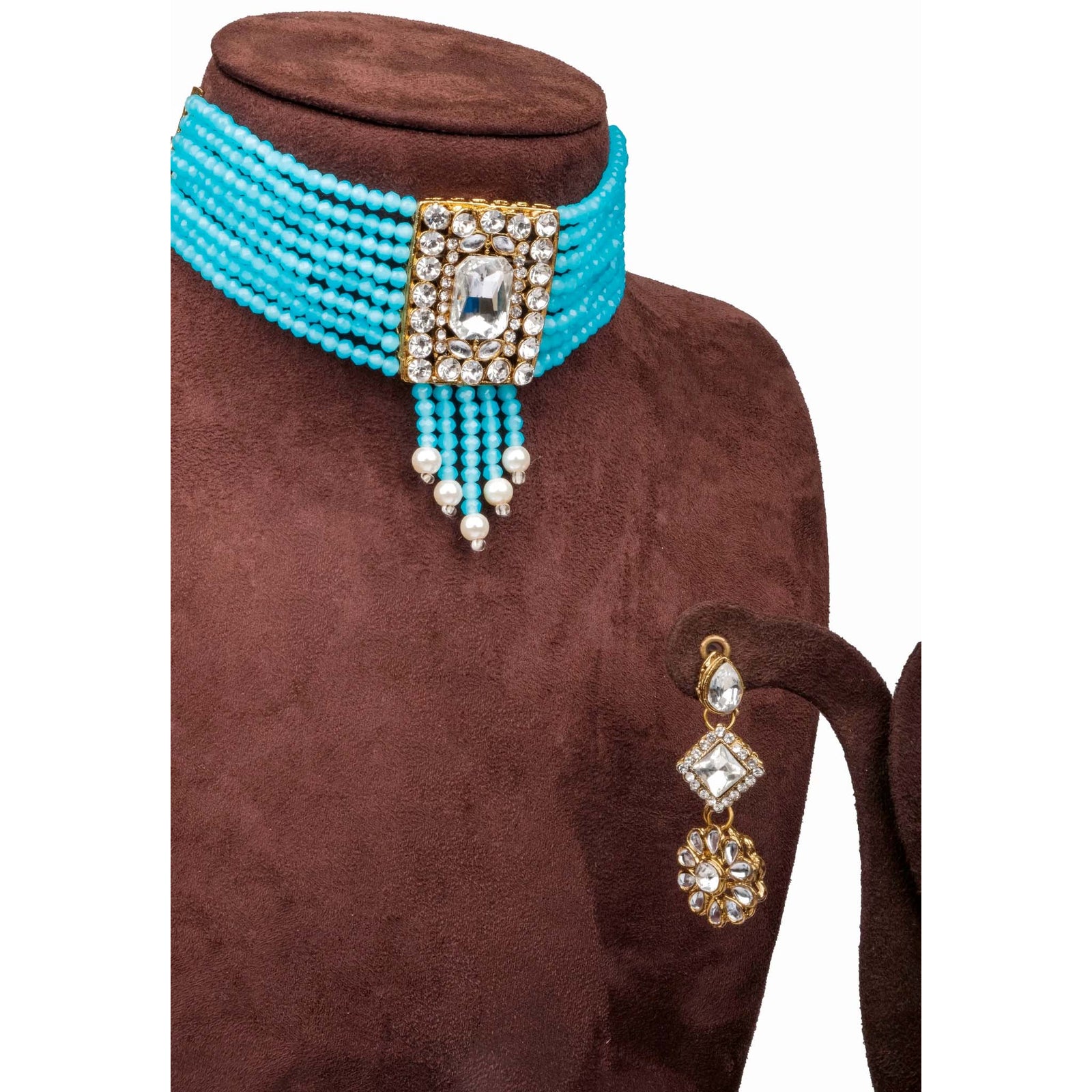 Sky Blue Pearl with Dimond Necklace Alloy Gold-plated Jewel Set ClothsVilla