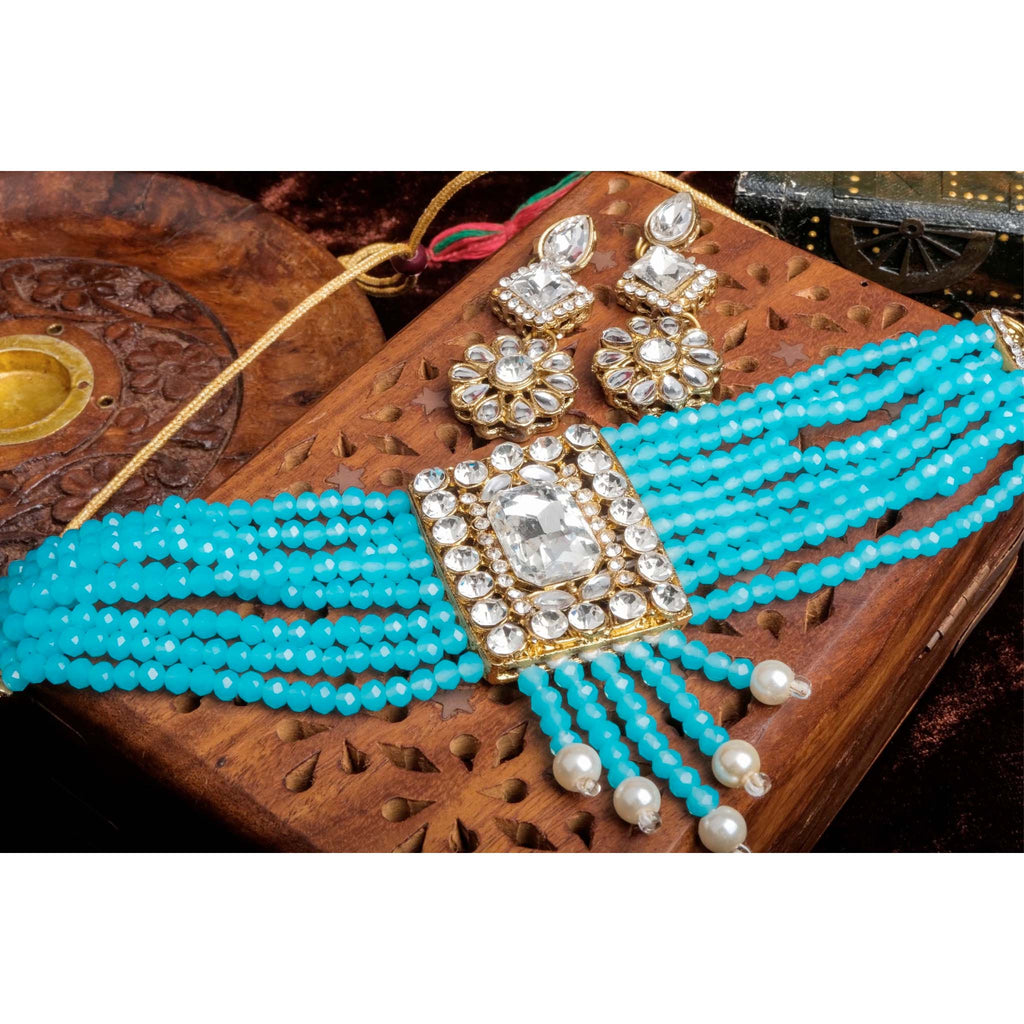 Sky Blue Pearl with Dimond Necklace Alloy Gold-plated Jewel Set ClothsVilla