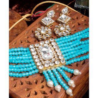 Sky Blue Pearl with Dimond Necklace Alloy Gold-plated Jewel Set ClothsVilla