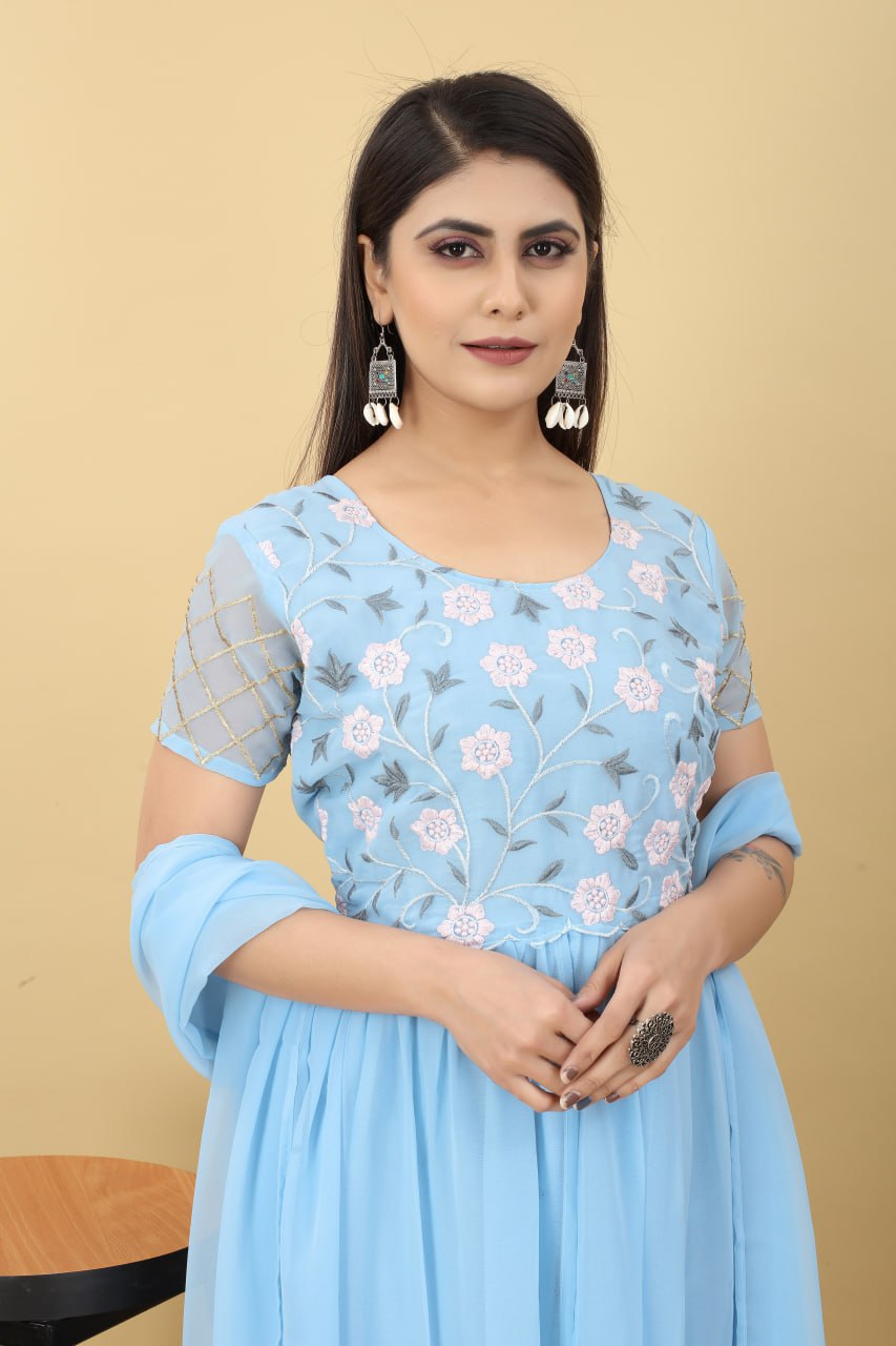 Sky Blue Salwar Suit in Georgette with Embroidery Work Clothsvilla