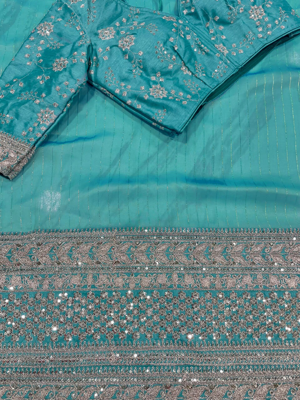Turquoise Blue Saree In Art Silk With Sequence Work Clothsvilla