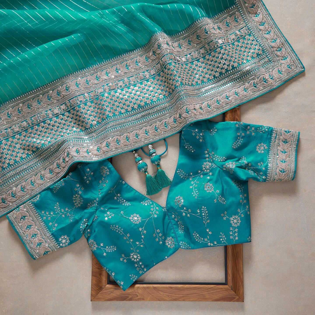 Turquoise Blue Saree In Art Silk With Sequence Work Clothsvilla