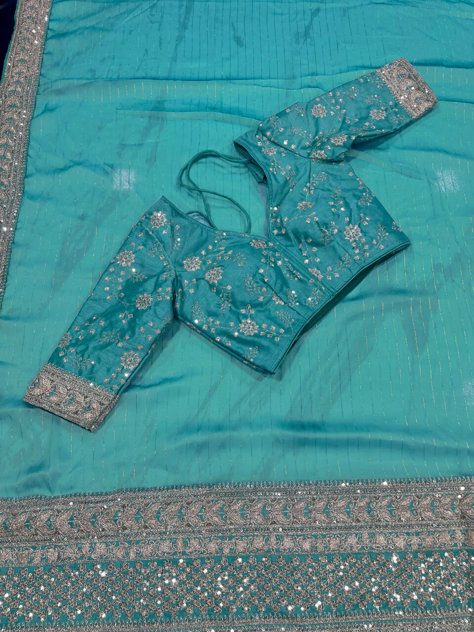 Turquoise Blue Saree In Art Silk With Sequence Work Clothsvilla