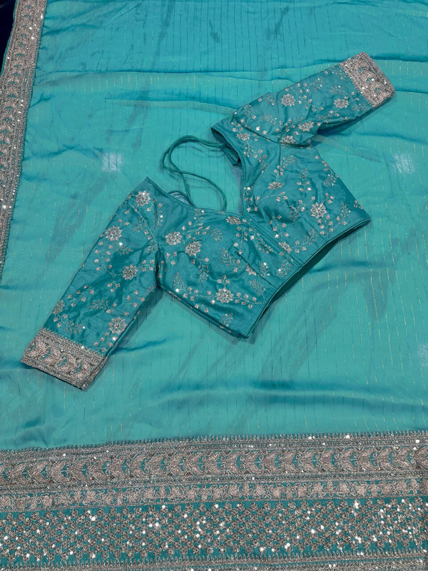 Turquoise Blue Saree In Art Silk With Sequence Work Clothsvilla