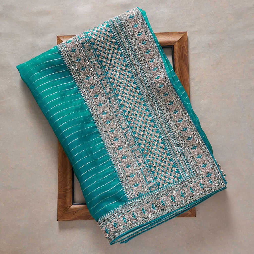 Turquoise Blue Saree In Art Silk With Sequence Work Clothsvilla