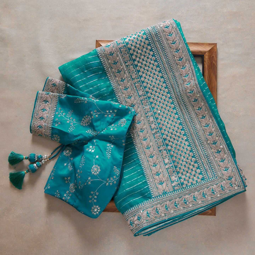 Turquoise Blue Saree In Art Silk With Sequence Work Clothsvilla