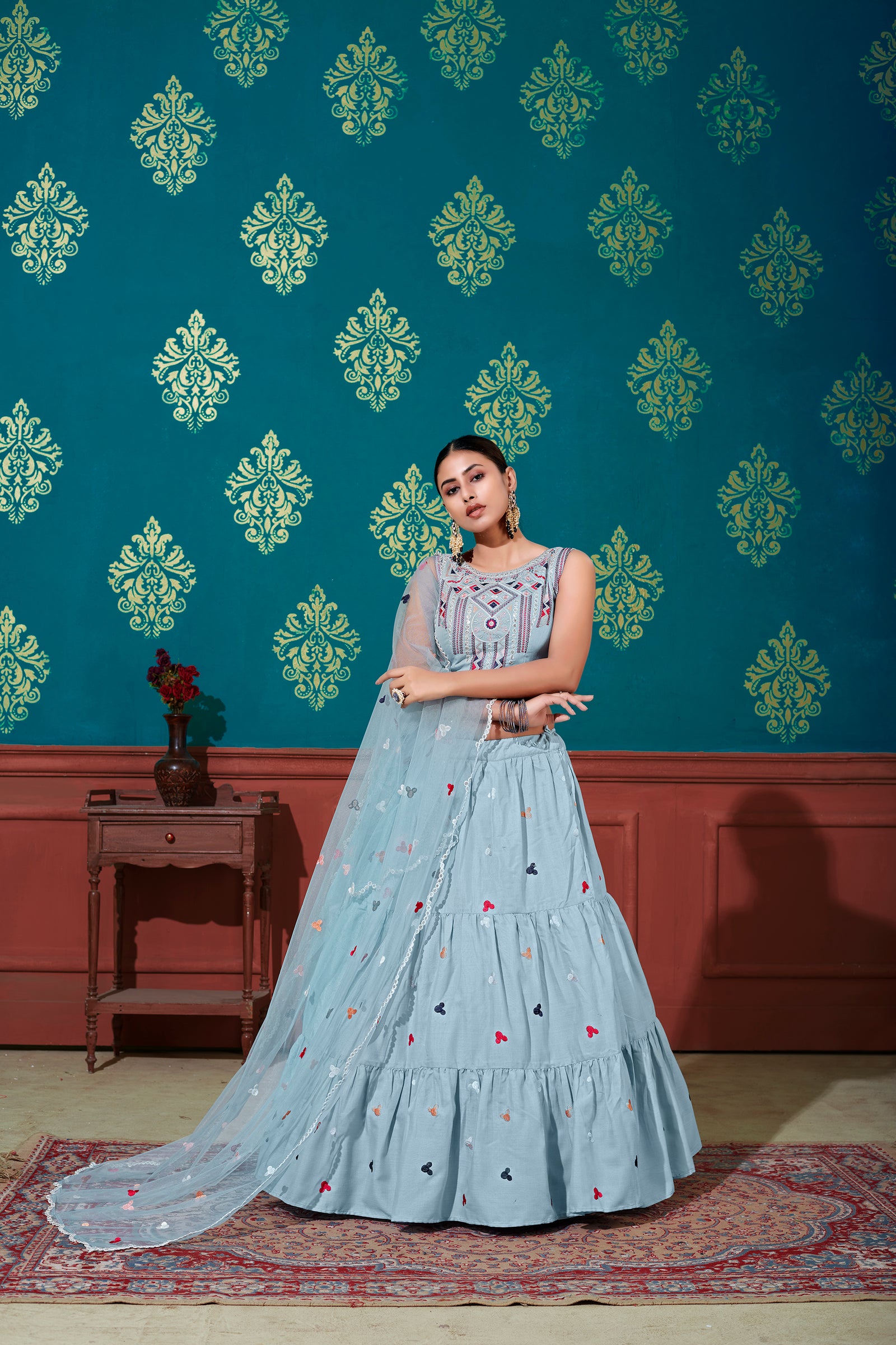 Sky Blue Thread With Sequins Embroidered Cotton Semi Stitched Lehenga ClothsVilla