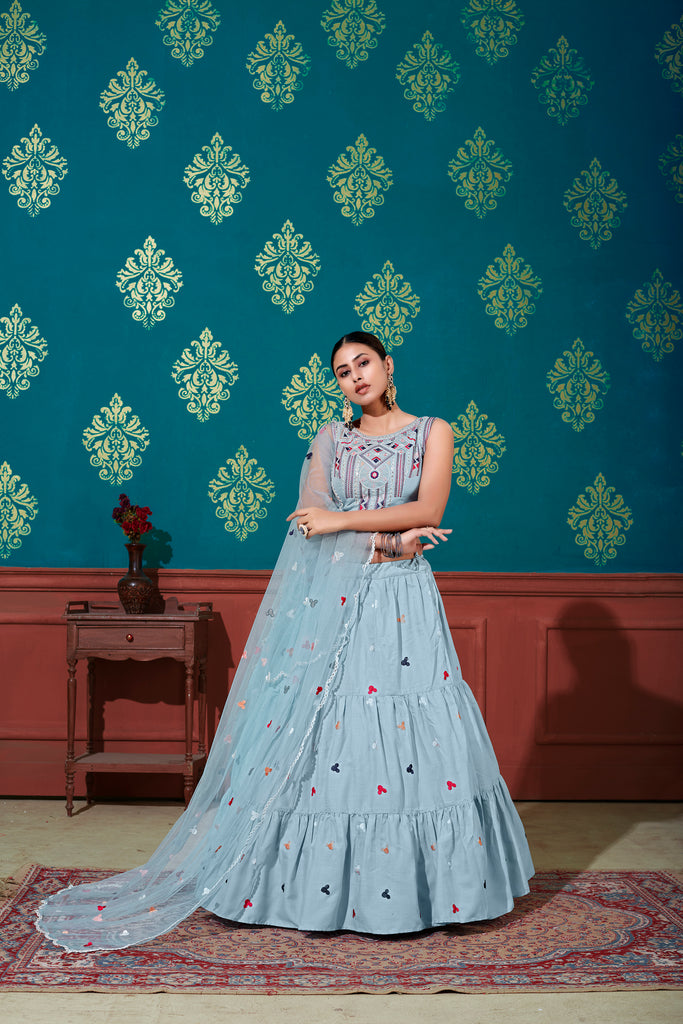 Sky Blue Thread With Sequins Embroidered Cotton Semi Stitched Lehenga ClothsVilla
