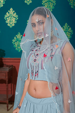 Sky Blue Thread With Sequins Embroidered Cotton Semi Stitched Lehenga ClothsVilla