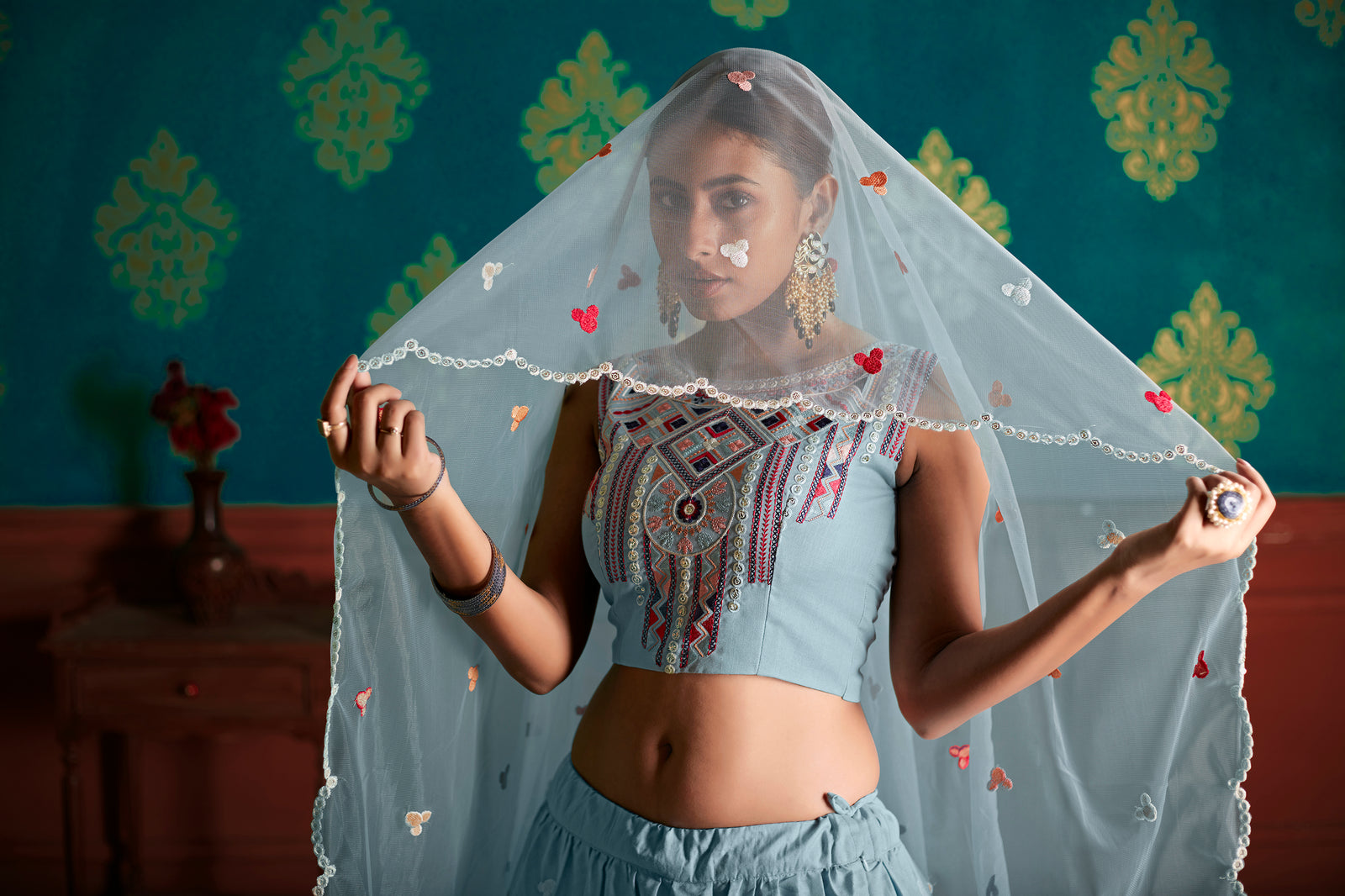 Sky Blue Thread With Sequins Embroidered Cotton Semi Stitched Lehenga ClothsVilla