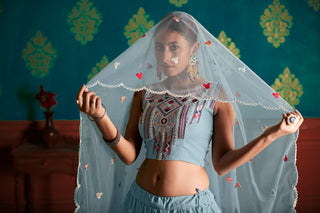 Sky Blue Thread With Sequins Embroidered Cotton Semi Stitched Lehenga ClothsVilla