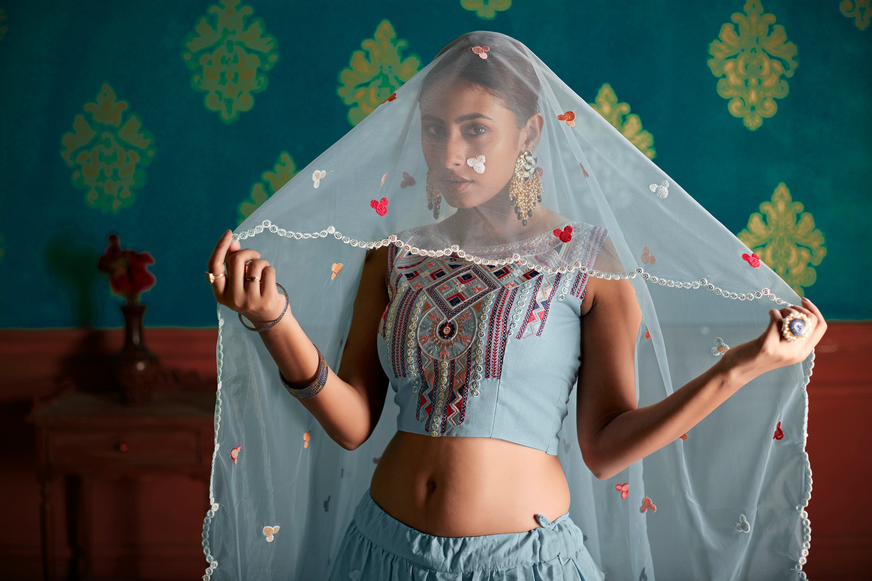 Sky Blue Thread With Sequins Embroidered Cotton Semi Stitched Lehenga ClothsVilla