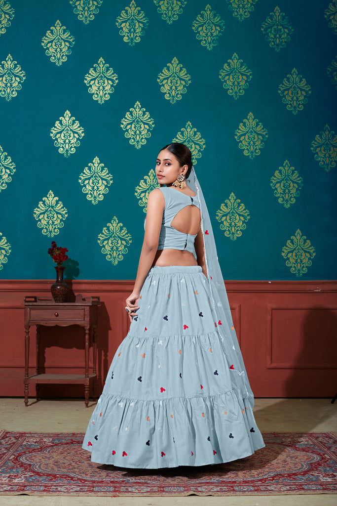 Sky Blue Thread With Sequins Embroidered Cotton Semi Stitched Lehenga ClothsVilla