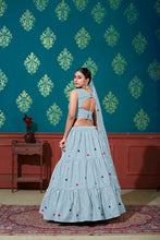 Load image into Gallery viewer, Sky Blue Thread With Sequins Embroidered Cotton Semi Stitched Lehenga ClothsVilla