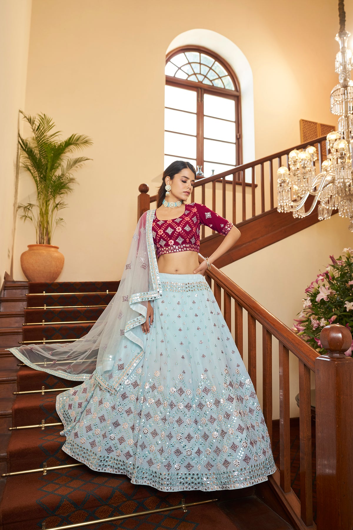 Sky Blue With Deep Pink Choli, Georgette Fabric And Gota Patti With Thread And Sequence Embroidery Work Heavy Can Can For Wedding Party Wear ClothsVilla Main image