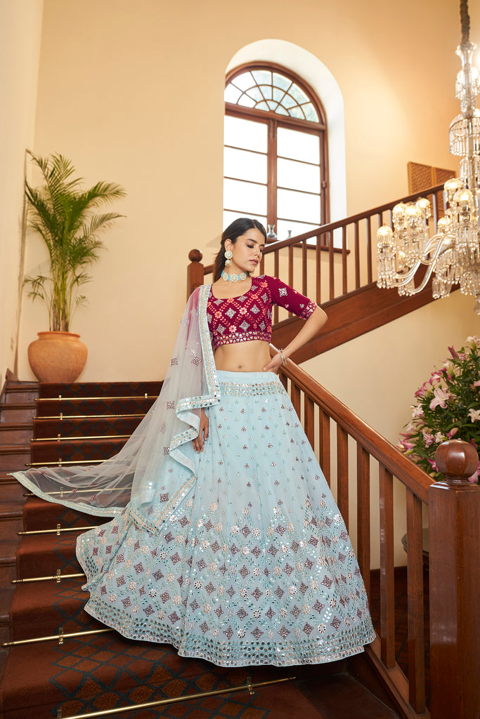 Sky Blue With Deep Pink Choli, Georgette Fabric And Gota Patti With Thread And Sequence Embroidery Work Heavy Can Can For Wedding Party Wear ClothsVilla