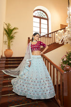 Load image into Gallery viewer, Sky Blue With Deep Pink Choli, Georgette Fabric And Gota Patti With Thread And Sequence Embroidery Work Heavy Can Can For Wedding Party Wear ClothsVilla