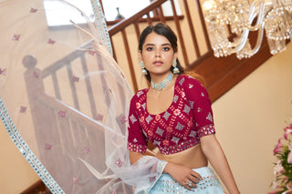 Sky Blue With Deep Pink Choli, Georgette Fabric And Gota Patti With Thread And Sequence Embroidery Work Heavy Can Can For Wedding Party Wear ClothsVilla