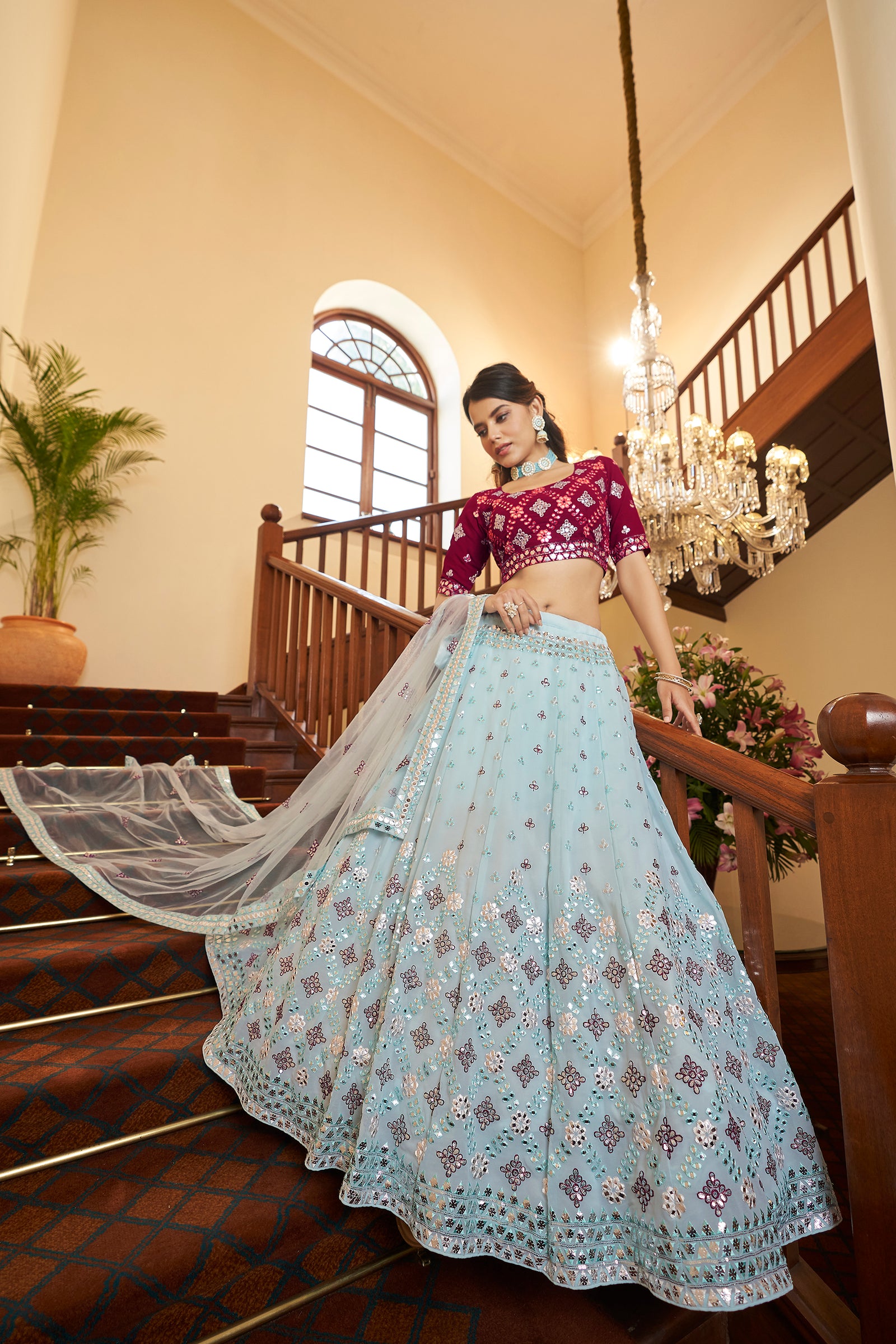 Sky Blue With Deep Pink Choli, Georgette Fabric And Gota Patti With Thread And Sequence Embroidery Work Heavy Can Can For Wedding Party Wear ClothsVilla