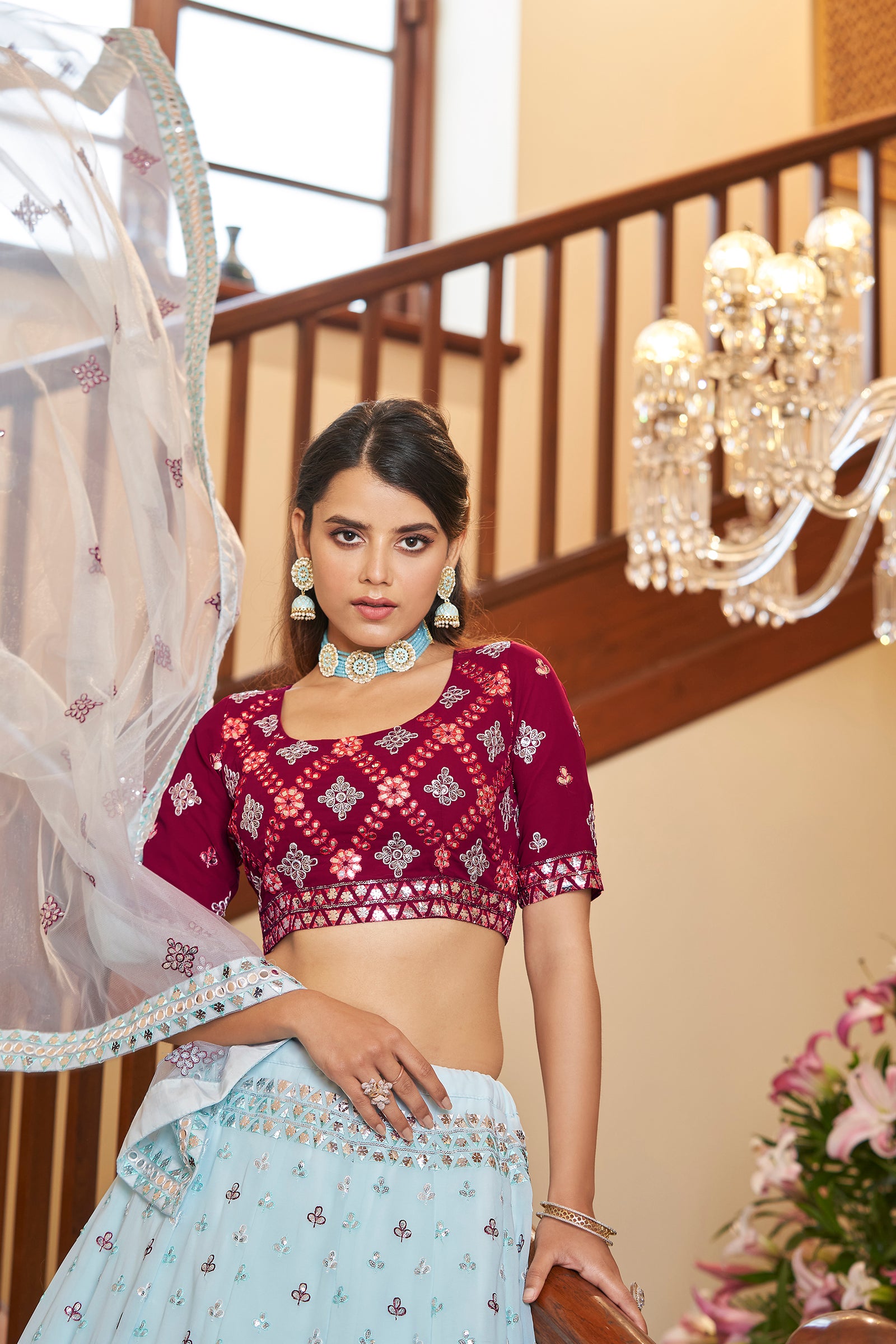 Sky Blue With Deep Pink Choli, Georgette Fabric And Gota Patti With Thread And Sequence Embroidery Work Heavy Can Can For Wedding Party Wear ClothsVilla
