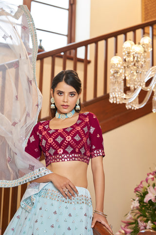 Sky Blue With Deep Pink Choli, Georgette Fabric And Gota Patti With Thread And Sequence Embroidery Work Heavy Can Can For Wedding Party Wear ClothsVilla