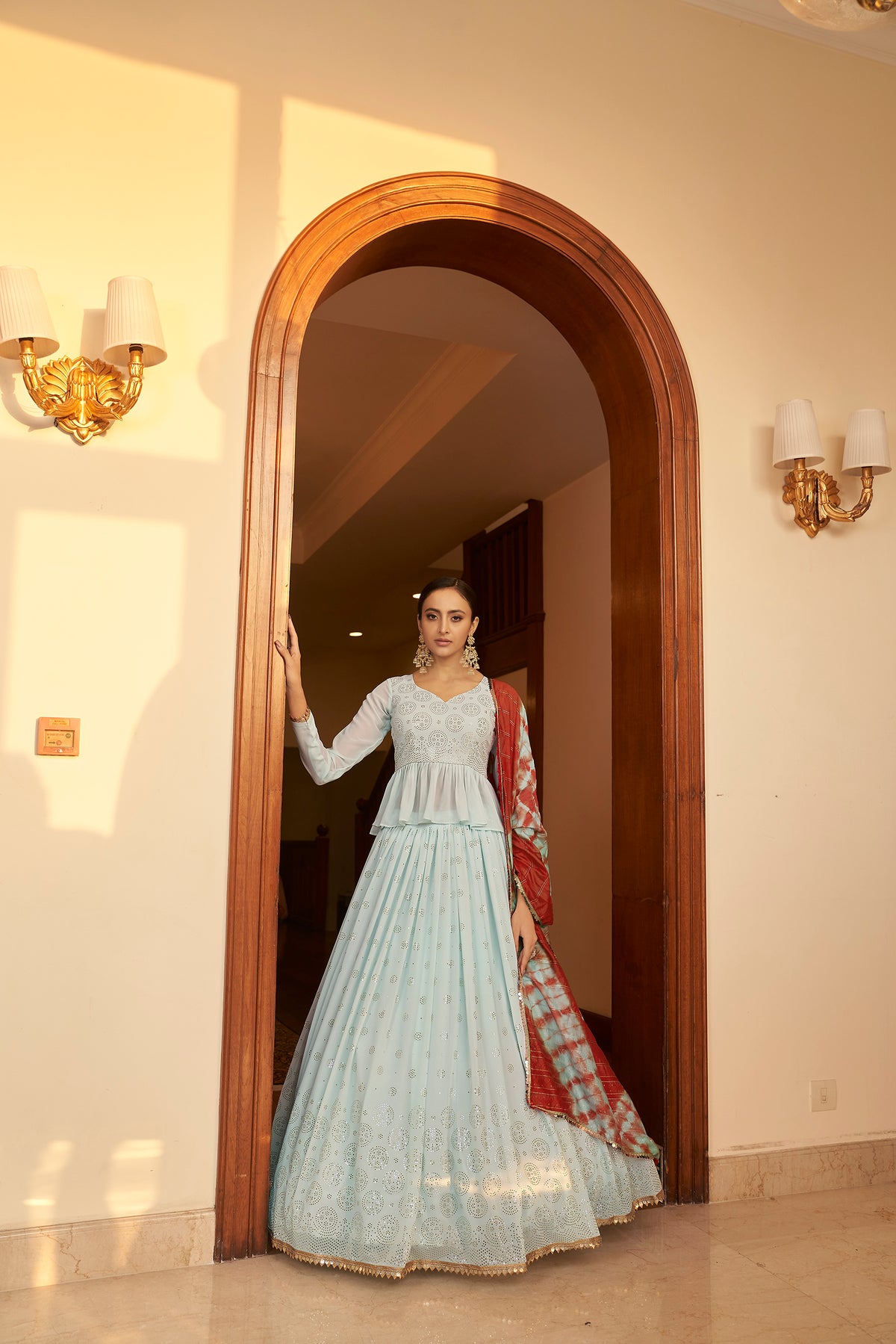 Sky Blue Embellished Mukaish Work Georgette Semi Stitched Lehenga ClothsVilla Main image