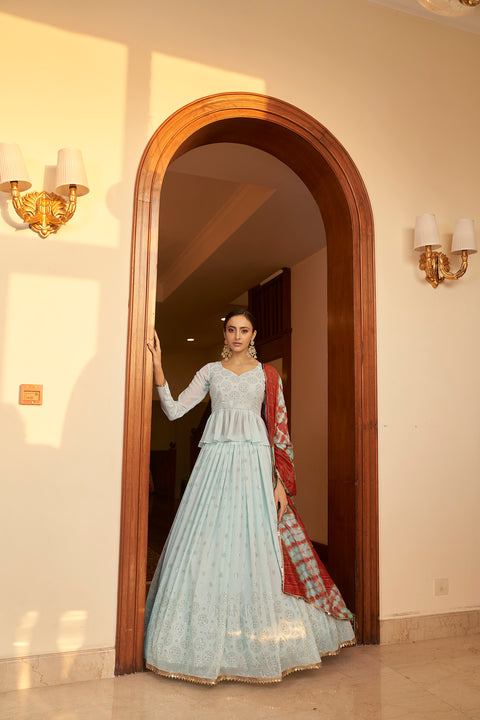 Sky Blue Embellished Mukaish Work Georgette Semi Stitched Lehenga ClothsVilla Main image