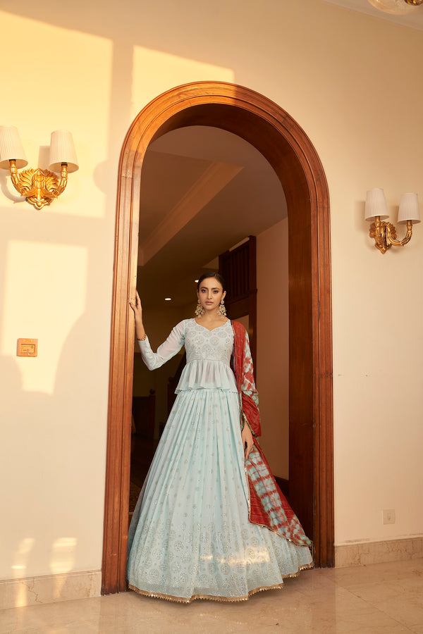Sky Blue Embellished Mukaish Work Georgette Semi Stitched Lehenga ClothsVilla