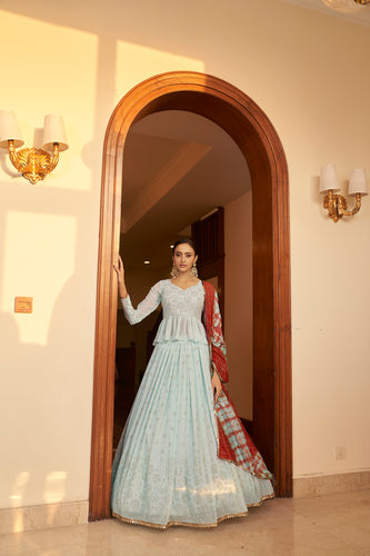 Sky Blue Embellished Mukaish Work Georgette Semi Stitched Lehenga ClothsVilla